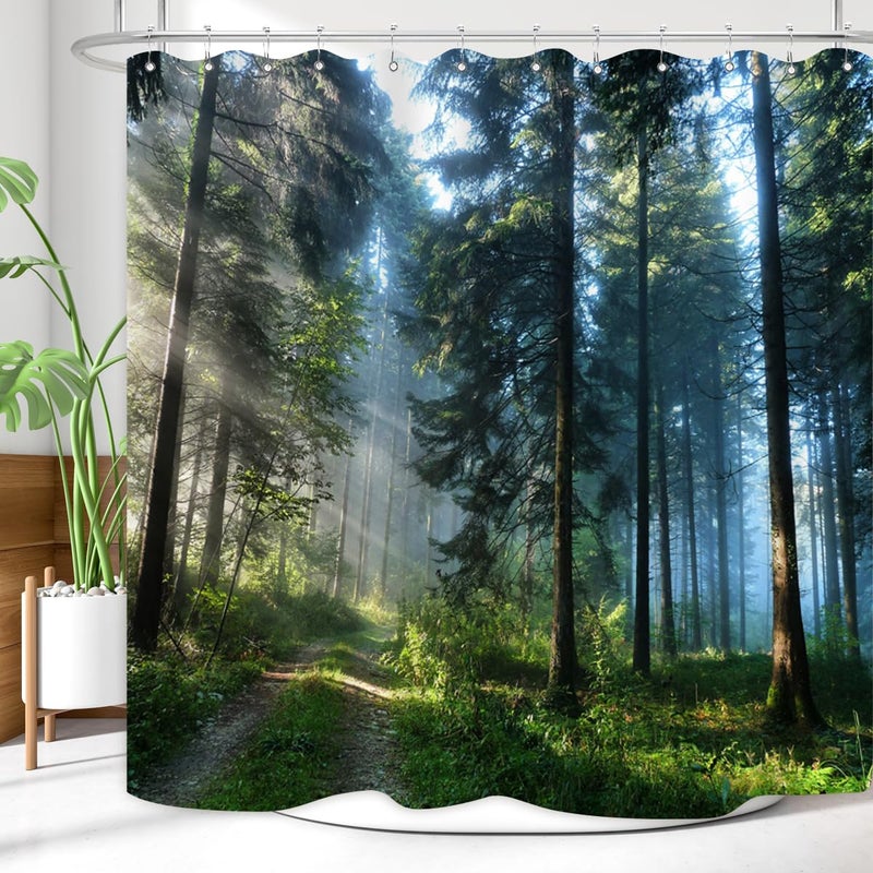 ZXMBF Trees Forest Sunlight Shower Curtain Straight Tall Trees Sunshine Attractive Nature Landscape Waterproof Fabric Bathroom Decor 72x72 Inch Green Plastic Hooks 12 PCS - Image 4